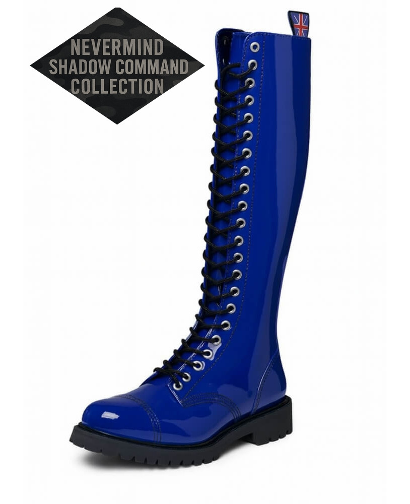 Blue patent leather 30-eyelet rangers – Shadow Command collection