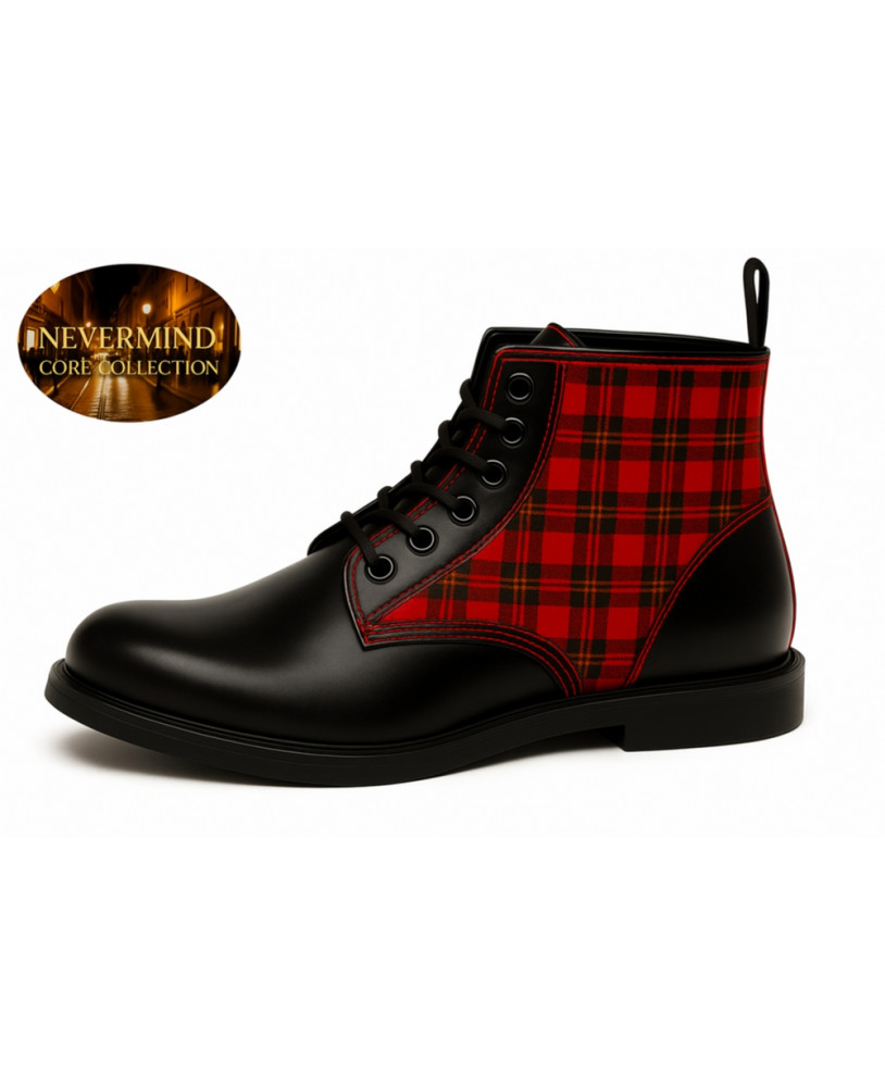 Botines de cuero negro y tartán rojo – costuras rojas y carácter artesanal