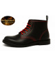 Black leather ankle boots with red stitching, black or red laces.