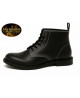 Black leather ankle boots with white stitching and black laces.
