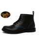 Black leather ankle boots with blue stitching and black laces.