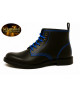 Black leather ankle boots with blue stitching and blue laces.