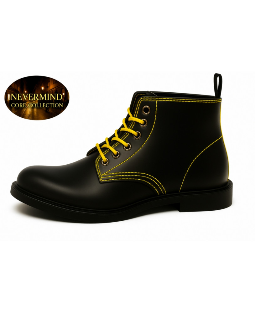 Botines de cuero negro con costuras amarillas y cordones amarillos.
