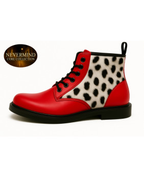 Red leather and lynx-style bovine fur boots Nevermind Core Collection