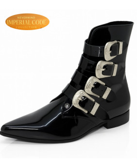 Black patent leather buckle boots, Nevermind Imperial Code Collection.