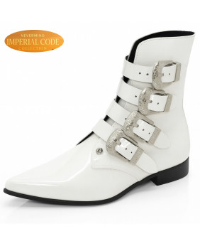 White patent leather 4-buckle boots, Nevermind Imperial Code Collection.