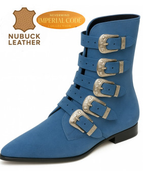 Botines de cuero nobuck azul claro con 5 hebillas, Nevermind Imperial Code Collection.