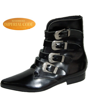 Black smooth leather 4-buckle boots, Nevermind Imperial Code Collection.