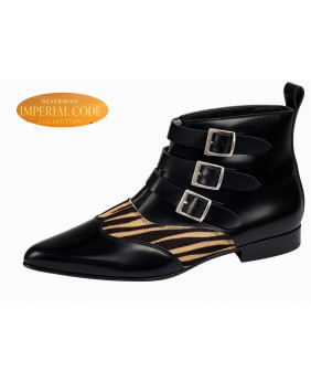 Zebra-pattern leather and haircalf boots, Nevermind Imperial Code Collection.