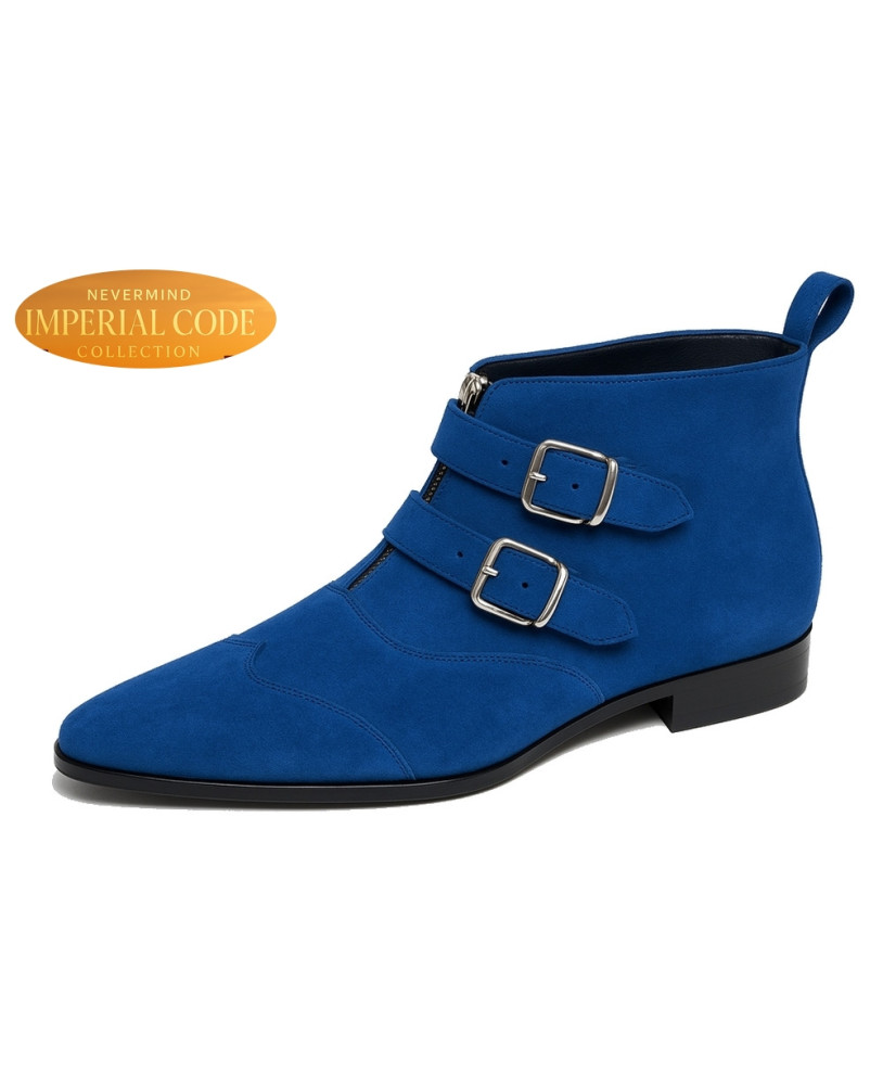 Königsblaue Wildleder-Boots mit 2 Schnallen, Nevermind Imperial Code Collection.