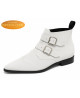 White suede boots with 2 buckles, Nevermind Imperial Code Collection.