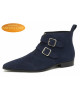 Navy suede ankle boots with 2 buckles, Nevermind Imperial Code Collection.