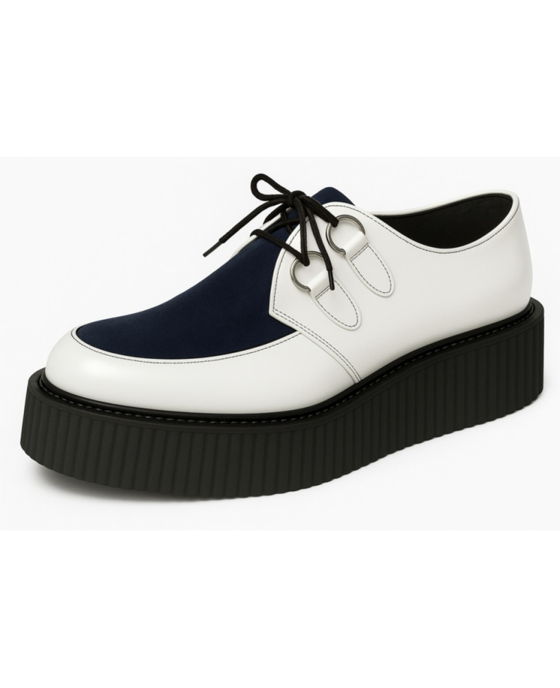 Creepers cuir blanc et velours navy – style rock moderne