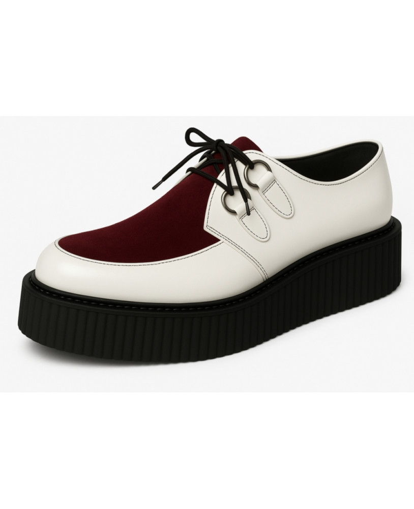 Creepers cuero blanco y terciopelo burdeos – estilo rock elegante