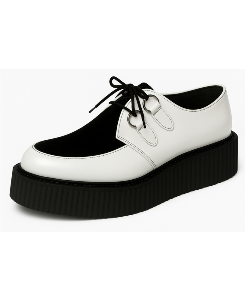 Creepers Leder Weiß und Samt Schwarz – klarer Rockstil