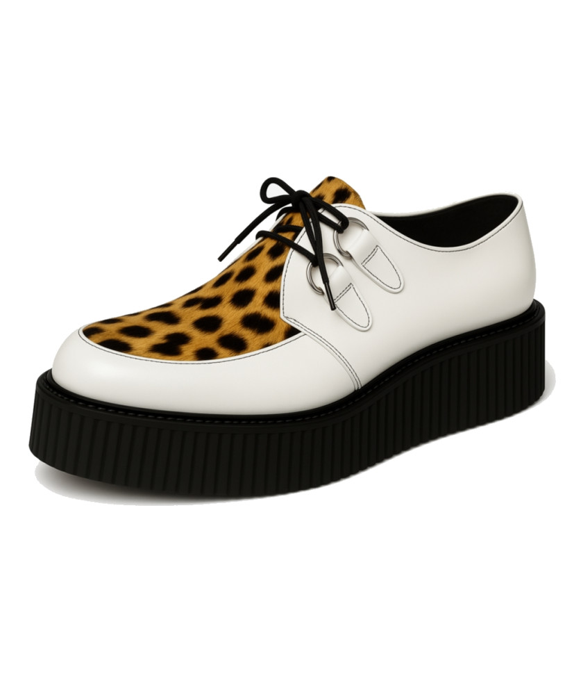 White leather and faux-lynx cowhide Creepers – wild rock style