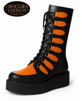 Bottes creepers Nevermind cuir noir orange Collection Obscura Edition plateforme massive alternative