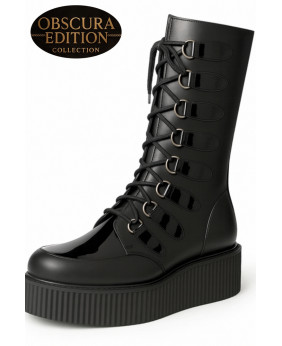 Bottes creepers Nevermind noir verni Obscura Edition anneaux argent plateforme massive