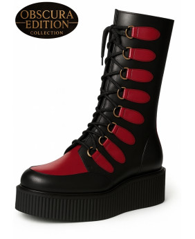 Nevermind creeper boots black burgundy patent Obscura Edition silver rings massive platform