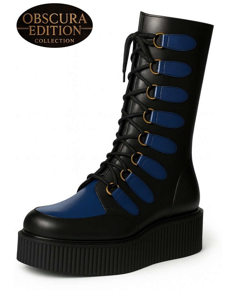 Nevermind creeper boots black navy patent Obscura Edition silver rings massive platform