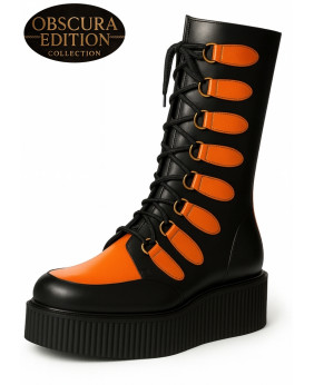 Nevermind creeper boots black orange patent Obscura Edition silver rings massive platform