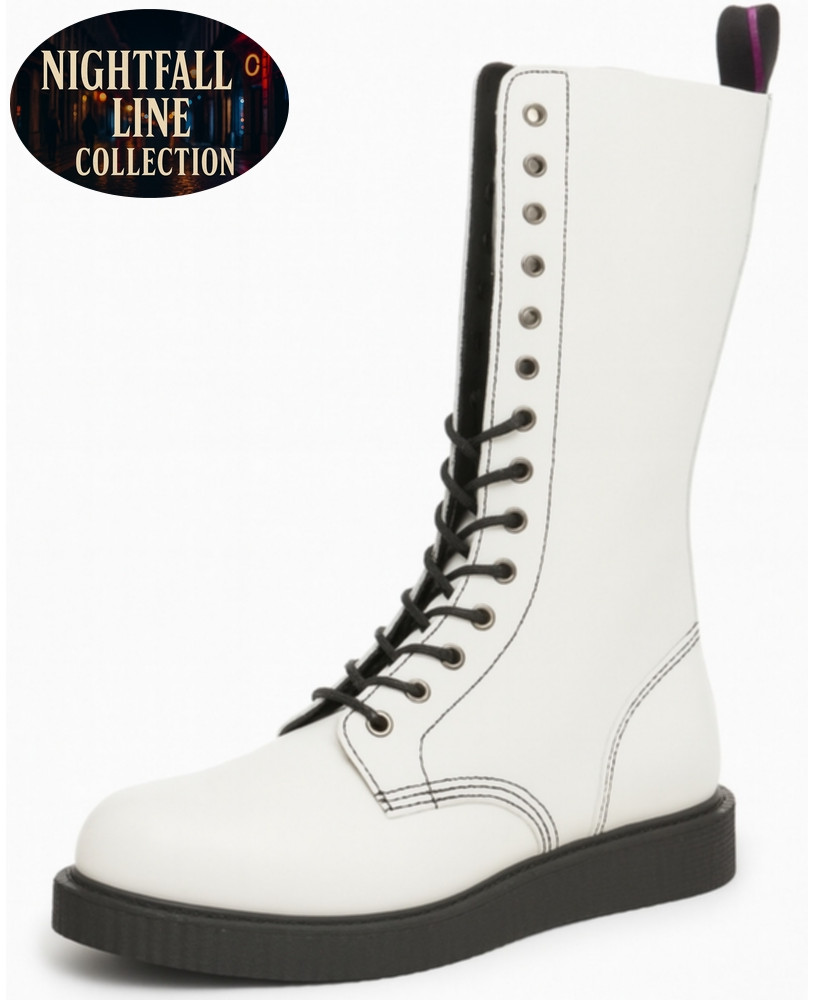 Botte cuir blanc Nightfall Line, laçage frontal, semelle 3 cm.