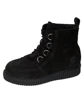 Black suede creeper boots with D-rings and 3 cm sole.
