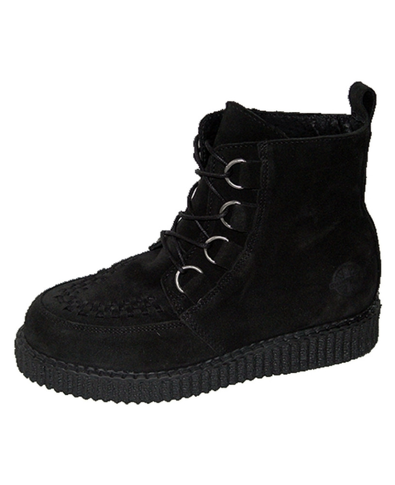 Black suede creeper boots with D-rings and 3 cm sole.