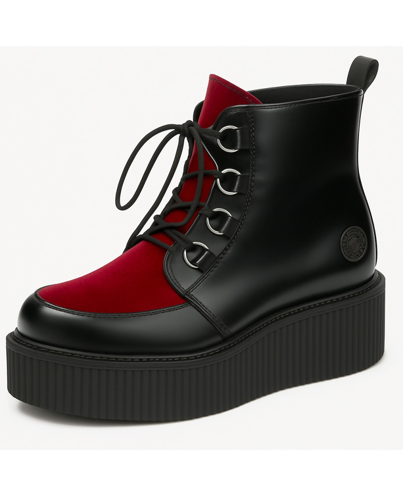 Nevermind creeper boots in red velvet and black leather