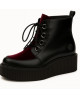 Black leather and burgundy velvet creeper boots, 5 cm sole.