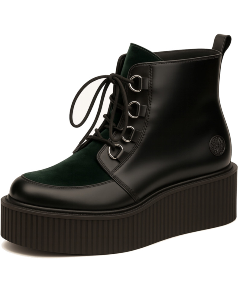 Nevermind creeper boots in black leather and green velvet