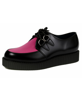 Simple-sole black leather creeper with pink velvet.