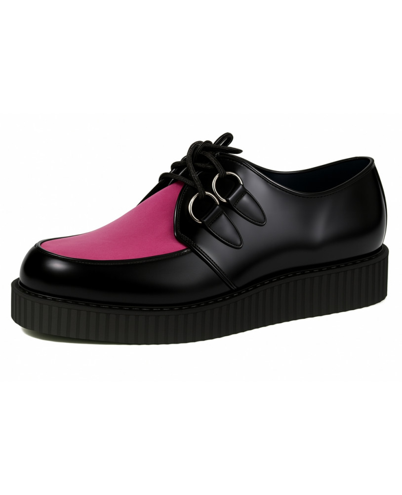 Simple-sole black leather creeper with pink velvet.