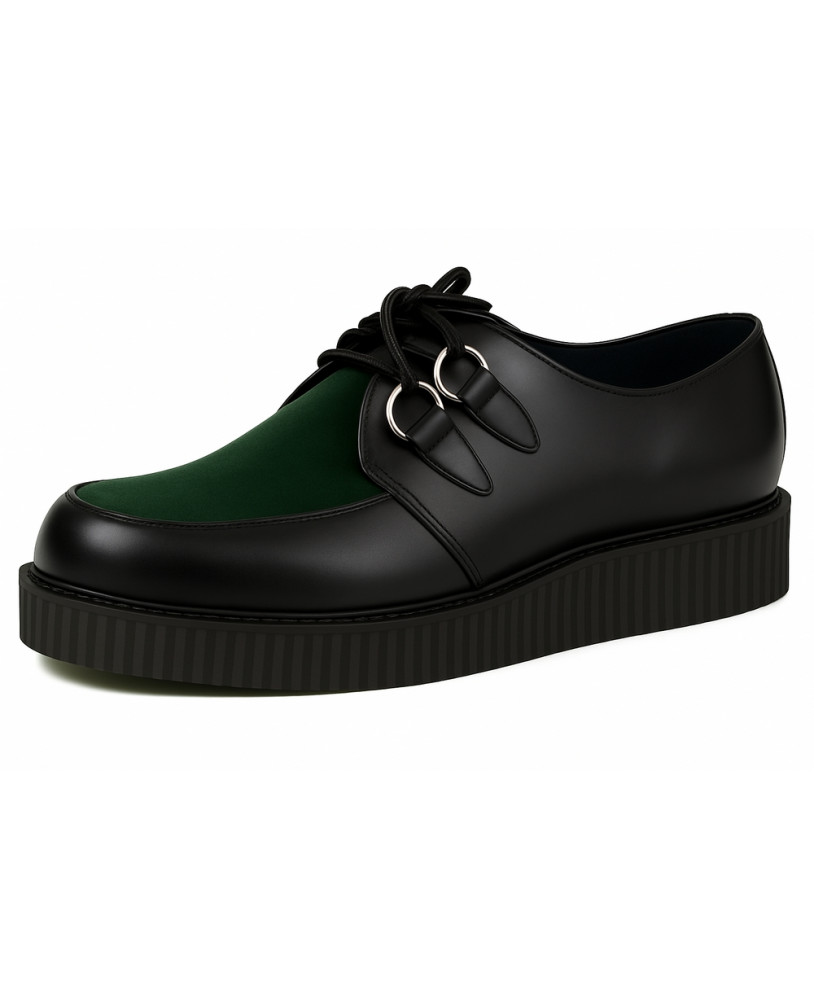 Simple-sole black leather creeper with forest-green velvet.
