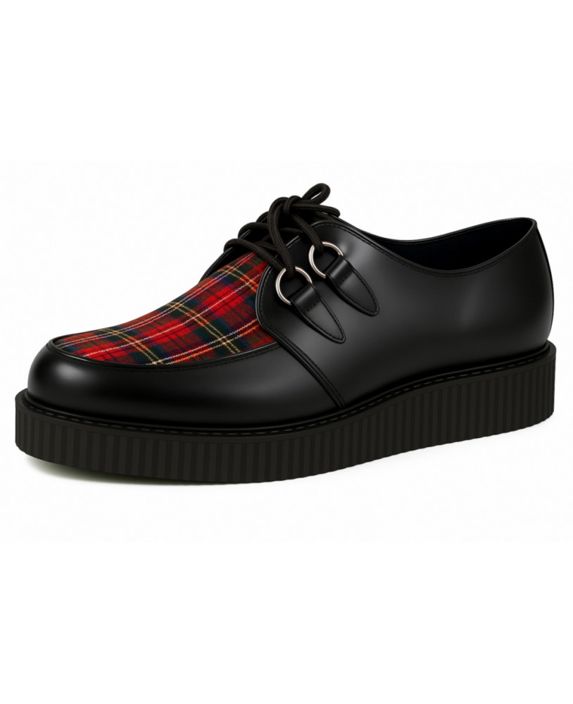 Creepers pelle nera con tartan rosso.