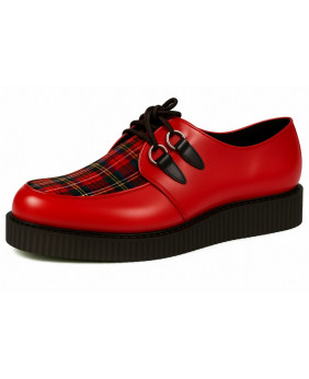 Fire-red creepers with red tartan and black leather details.