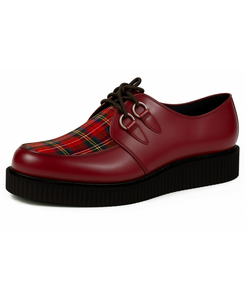 Burgundy leather creepers with red tartan.