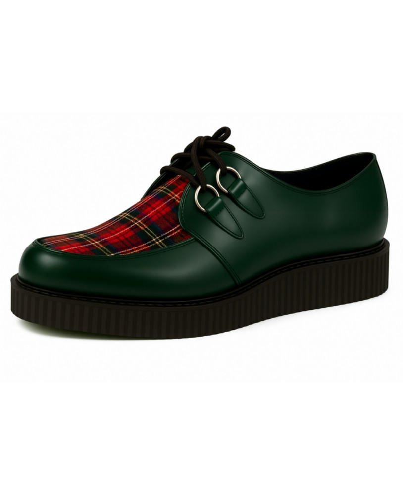 Creepers vert anglais et tartan rouge.