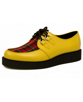 Yellow leather creepers with red tartan.
