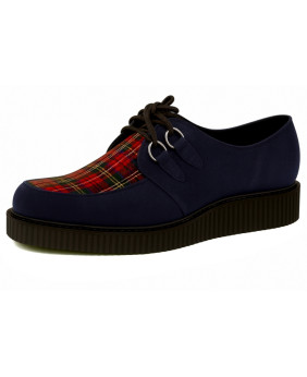 Creepers de terciopelo azul marino con panel de tartán rojo y suela simple de goma.