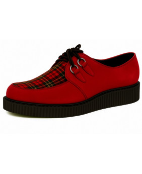 Creepers in velluto rosso con tartan rosso e suola semplice in gomma.