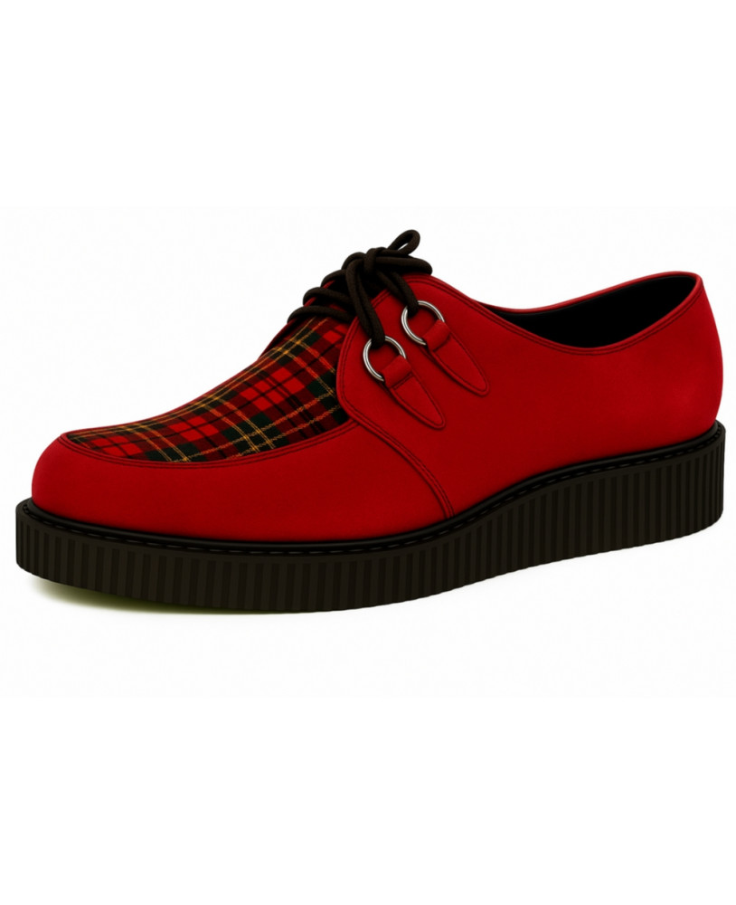 Creepers en velours rouge avec dessus tartan rouge et semelle simple en gomme.