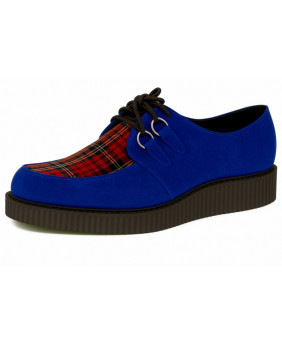 Creepers de terciopelo azul con tartán rojo y suela simple de goma.