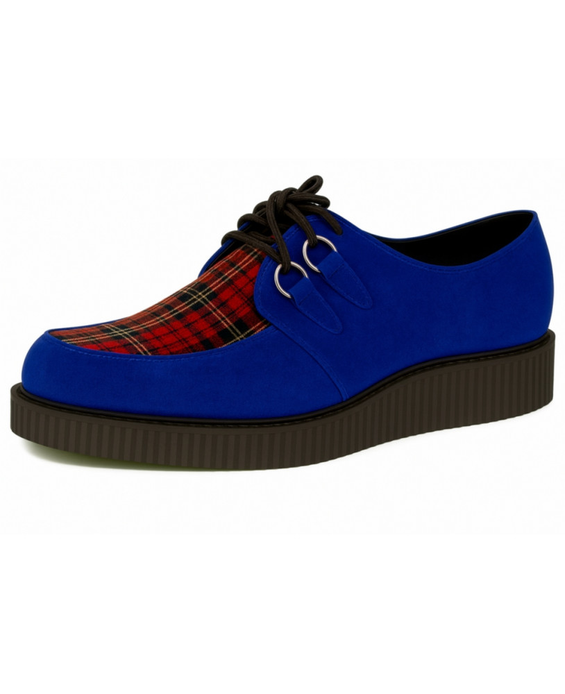 Blue velvet creepers with red tartan upper and single rubber sole.
