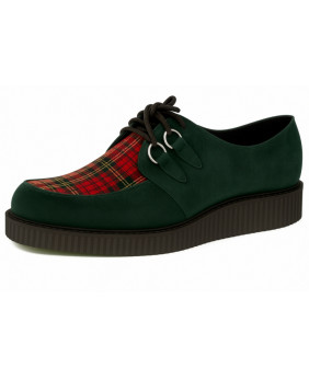 Green velvet creepers with red tartan upper and single rubber sole.