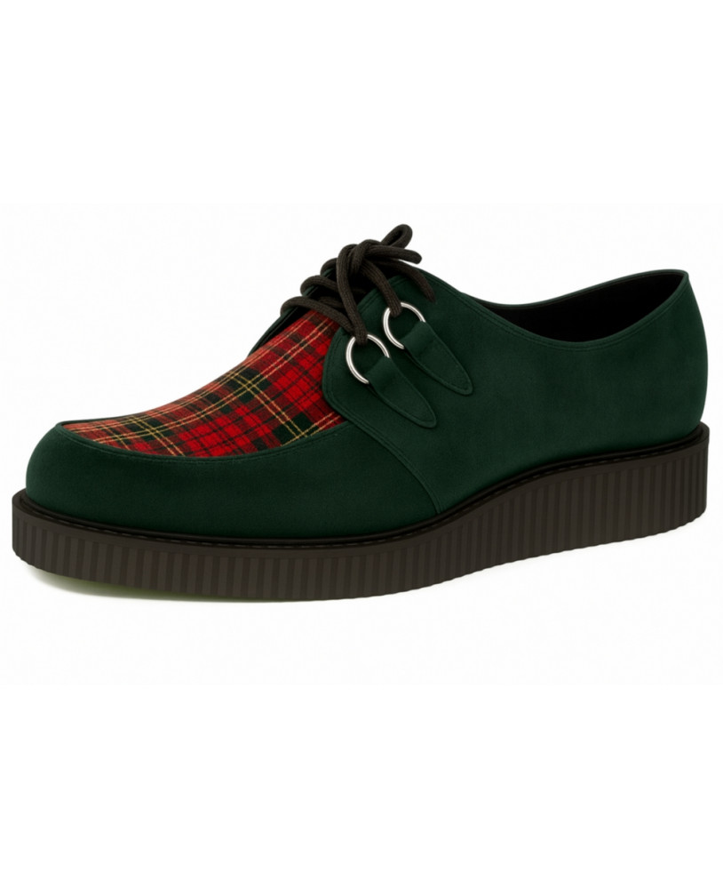 Green velvet creepers with red tartan upper and single rubber sole.