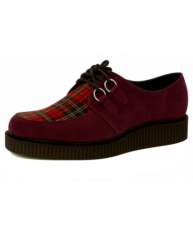 Creepers aus bordeauxrotem Samt mit rotem Tartan und Gummisohle.