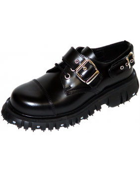 Black rangers shoes with metal screws, industrial style.