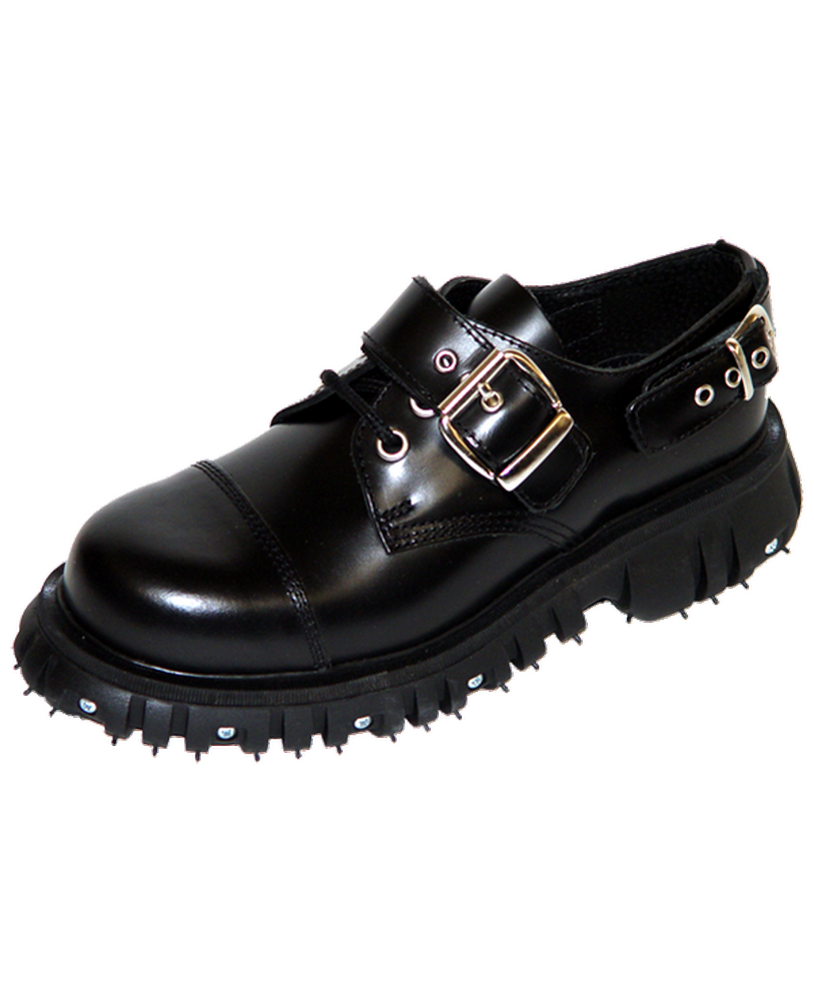 Black rangers shoes with metal screws, industrial style.
