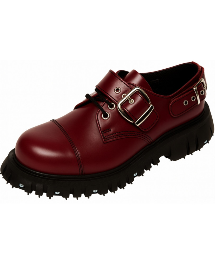 Burgundy leather rangers shoe with buckles and decorative screws.